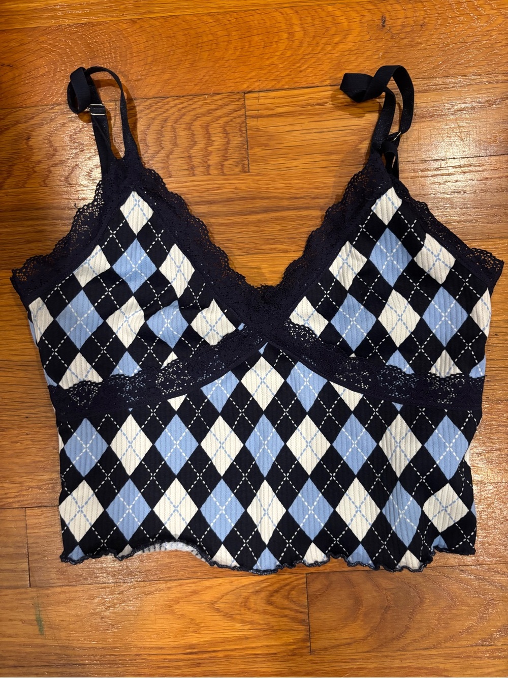 Argyle Lace Trim Cami Tank Top - Navy & Light Blue